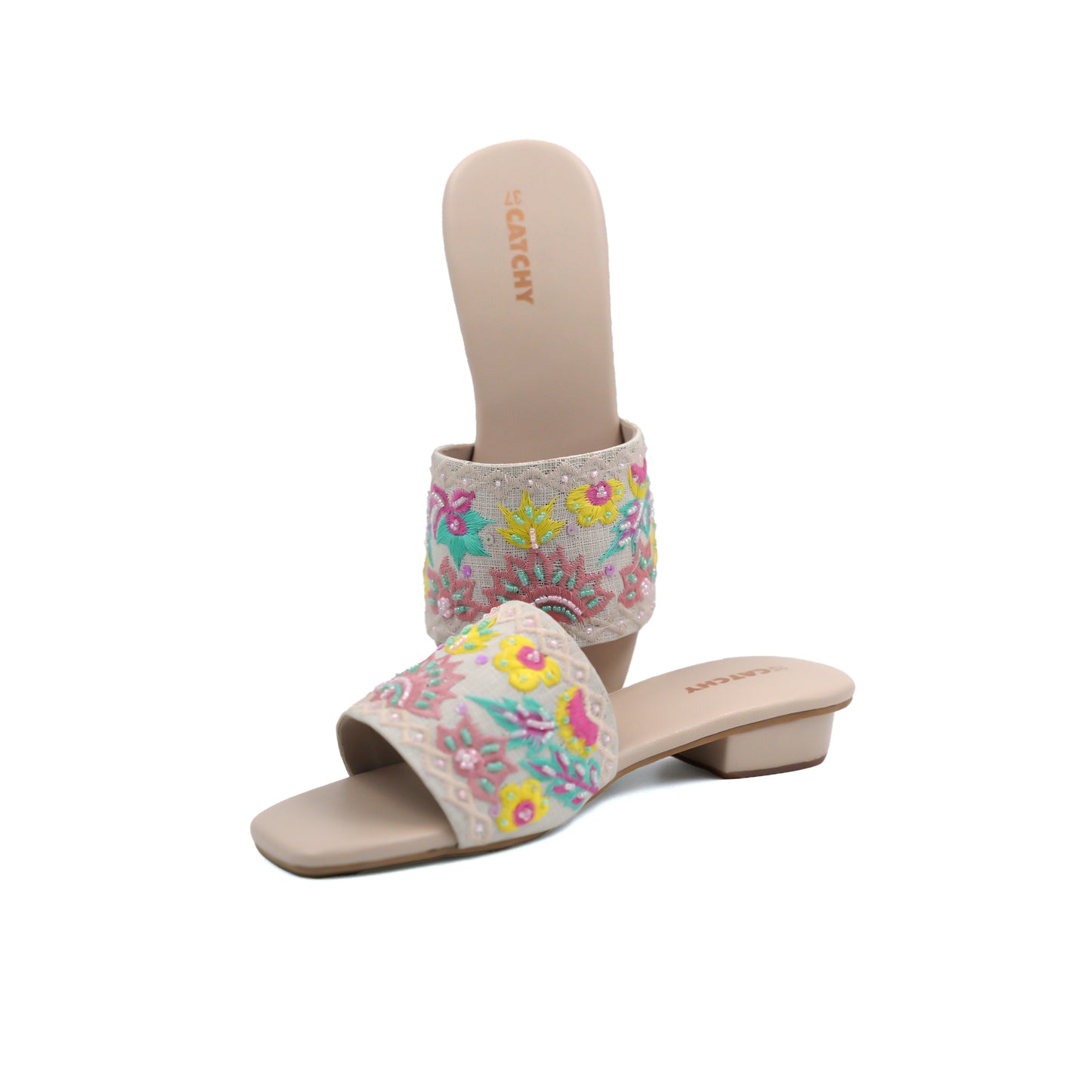 Beige Floral Embroidered Wedge Heel
