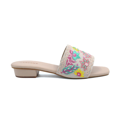 Beige Floral Embroidered Wedge Heel