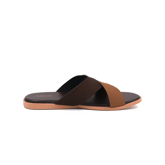 Catchy Men's Two-Tone Black & Tan Crossover X-Strap Sandal