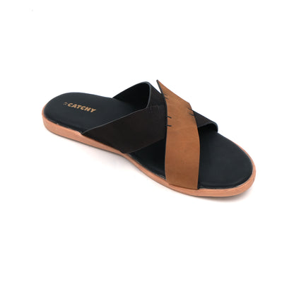 Catchy Men's Two-Tone Black & Tan Crossover X-Strap Sandal