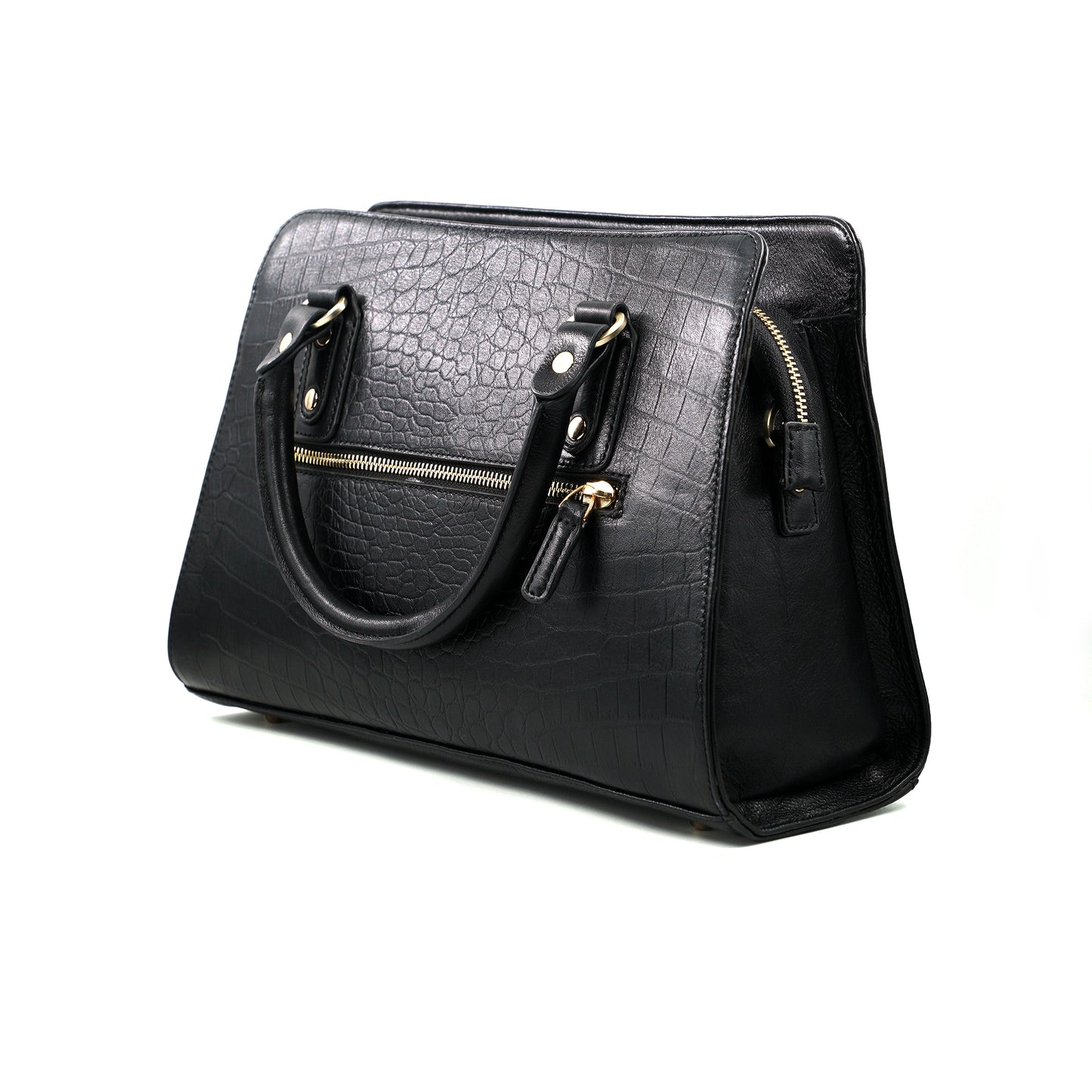 Medium Croco Leather Satchel - Black