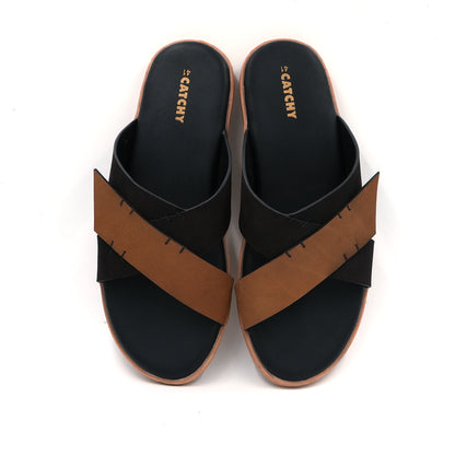 Catchy Men's Two-Tone Black & Tan Crossover X-Strap Sandal