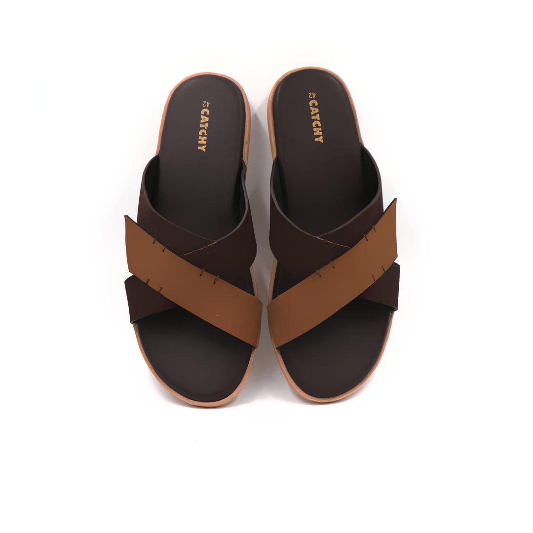 Catchy Men's Two-Tone Black & Tan Crossover X-Strap Sandal
