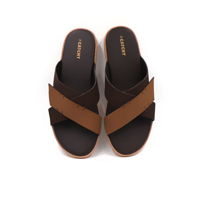 Catchy Men's Two-Tone Black & Tan Crossover X-Strap Sandal