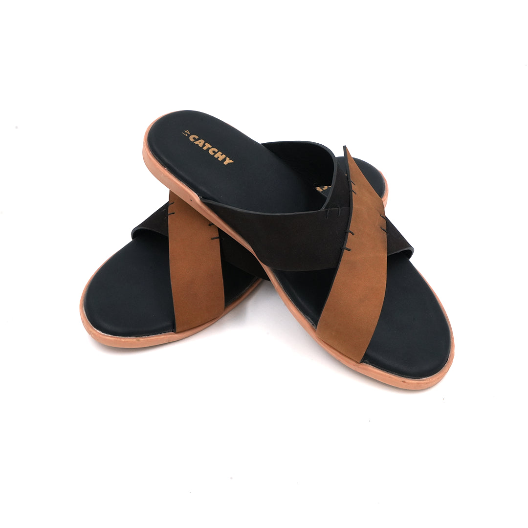 Catchy Men's Two-Tone Black & Tan Crossover X-Strap Sandal