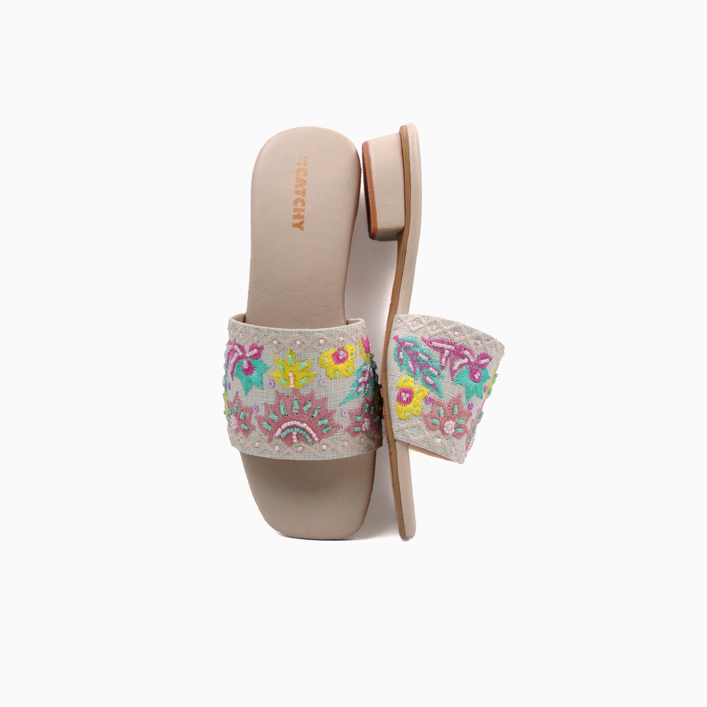 Beige Floral Embroidered Wedge Heel